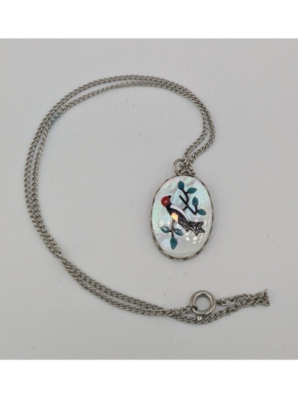 Vintage Artisan Mother Of Pearl Necklace With Bird & Branch Design - Picture 6 of 6